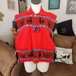 Vintage Red Boho Llama Cape Poncho Fringe